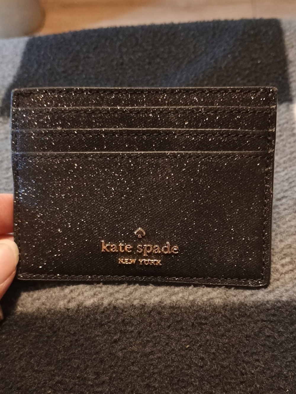 NWOT Kate Spade Black Glitter Card Case with Gold Logo